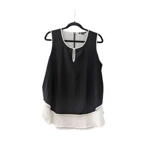 KENNETH COLE Black White Color Block Tiered Blouse Sleeveless Top Keyhole XL
